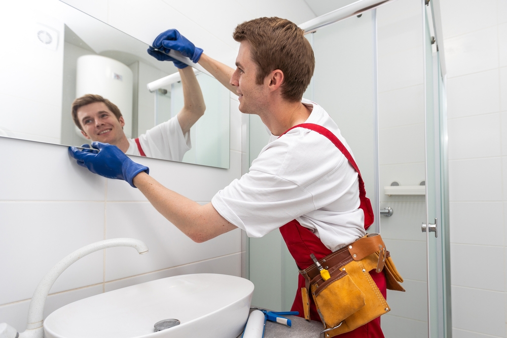 Male,Repairman,Hangs,The,Modern,Electronic,Bathroom,Mirror.,Accessories,And